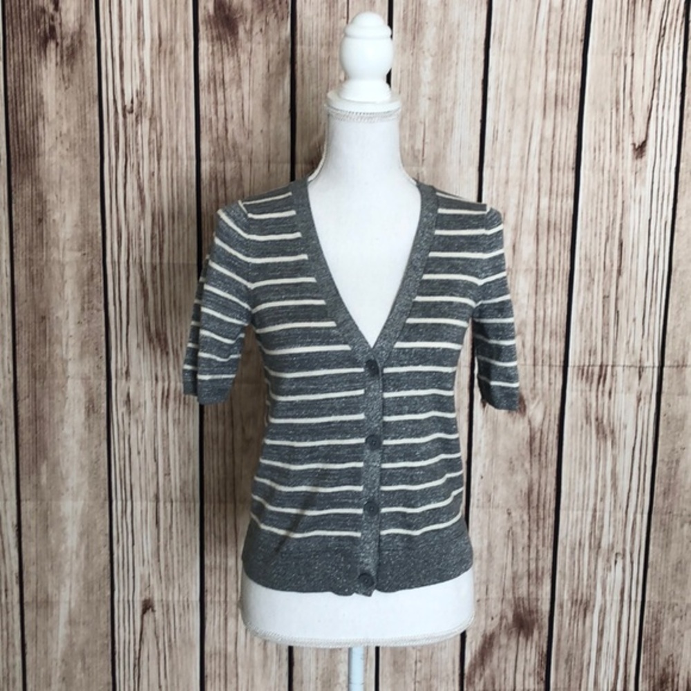Talbots Gray Cotton Button Up Striped Cardigan w/Silver Metallic Weave X-Small